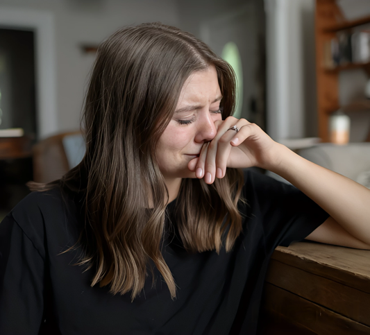 A young woman crying in distress