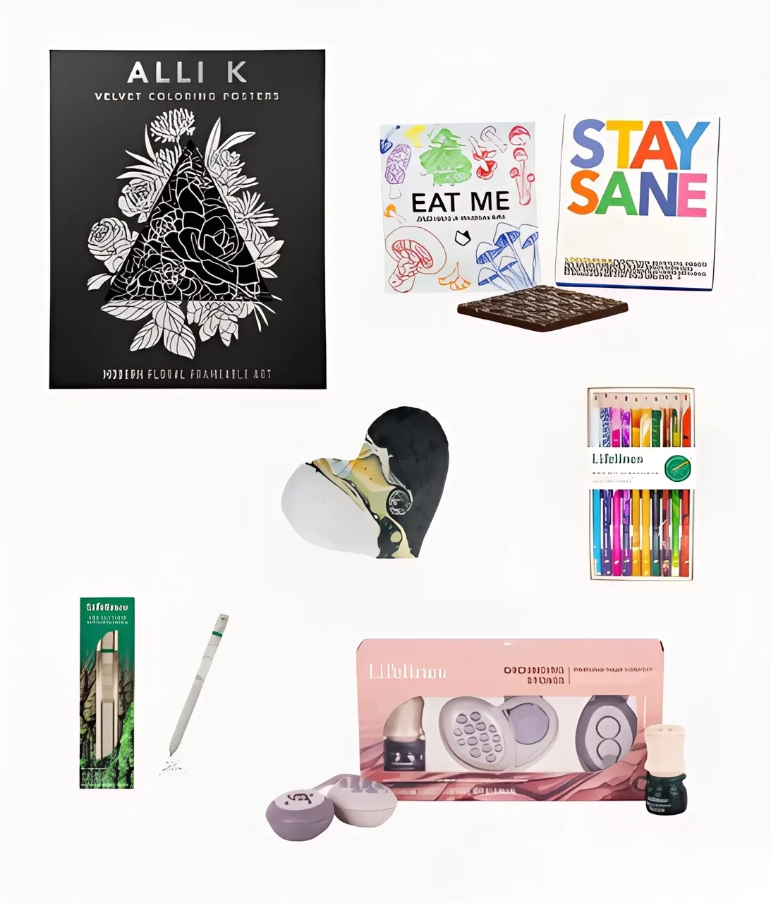 Coloring posters, chocolate, heart pillow, and pens