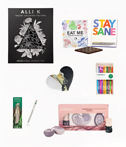Coloring posters, chocolate, heart pillow, and pens